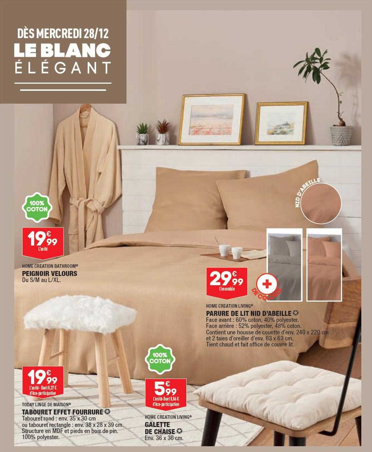 peignoir velours home création bathroom, parure de lit nid d'abeille home création living, tabouret effet fourrure today linge de maison, galette de chaise home création living