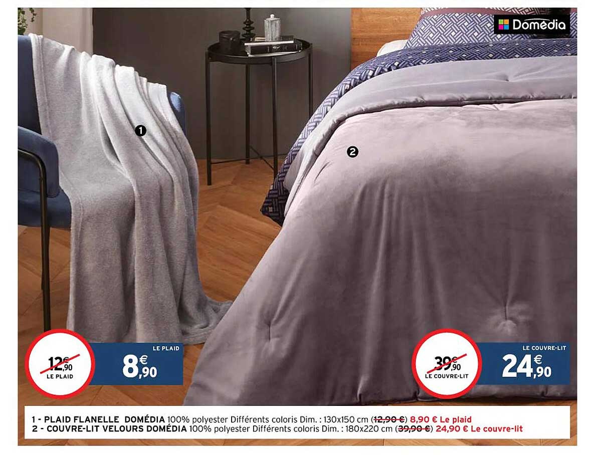 plaid flanelle domédia, couvre-lit velours domédia