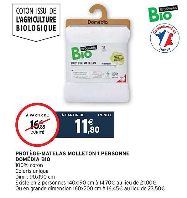 protège-matelas molleton 1 personne domédia bio