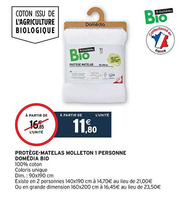 protège-matelas molleton 1 personne domédia bio