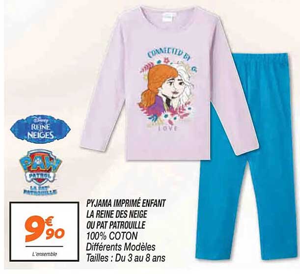 pyjama imprimé enfant la reine des neige ou pat patrouille