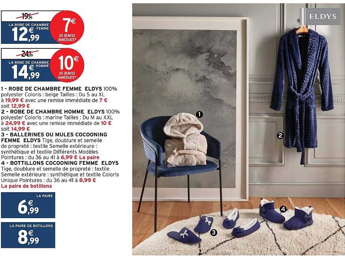robe de chambre femme eldys, robe de chambre homme eldys, ballerines ou mules cocooning felle eldys, bottillons cocooning femme eldys