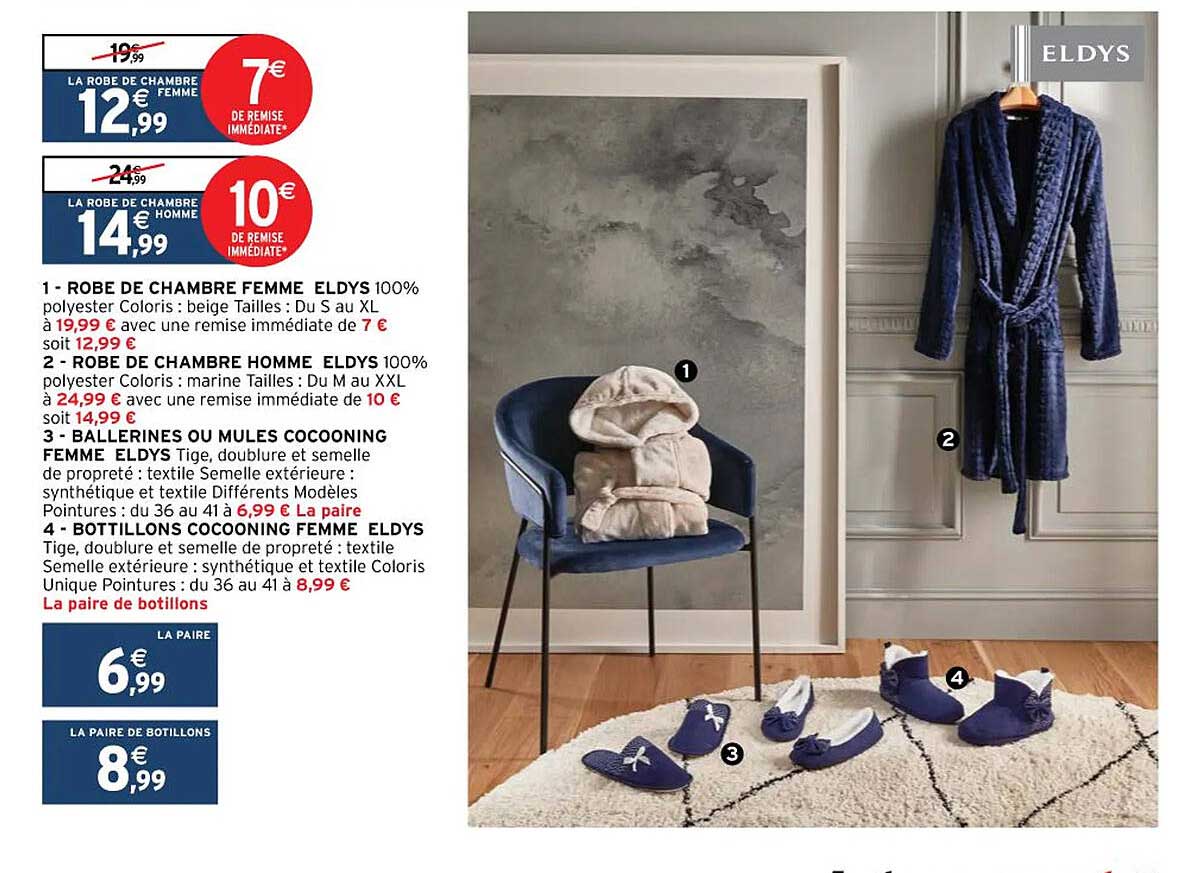 robe de chambre femme eldys, robe de chambre homme eldys, ballerines ou mules cocooning femme eldys, bottillons cocooning femme eldys