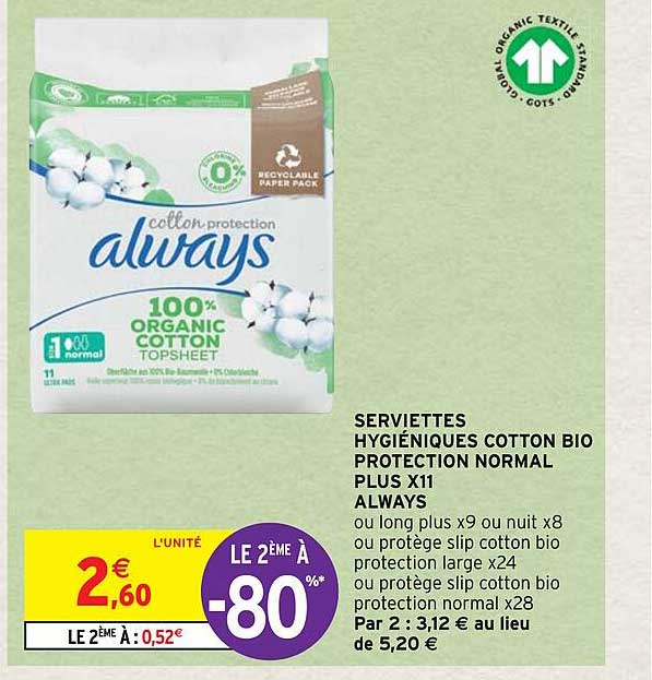 serviettes hygiéniques cotton bio protection normal plus x11 always