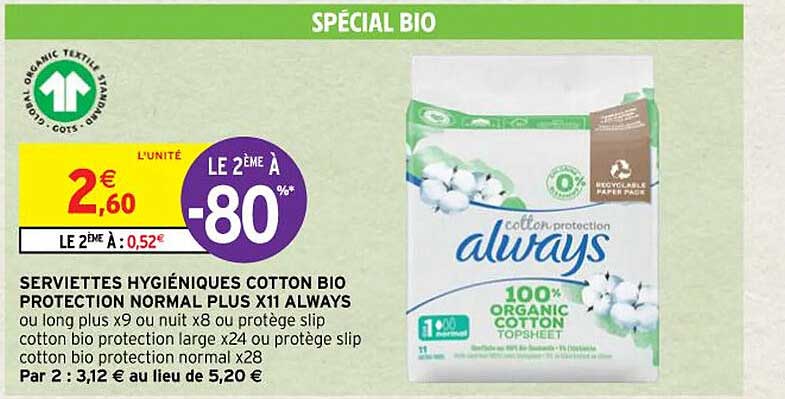 serviettes hygiéniques cotton bio protection normal plus x11 always