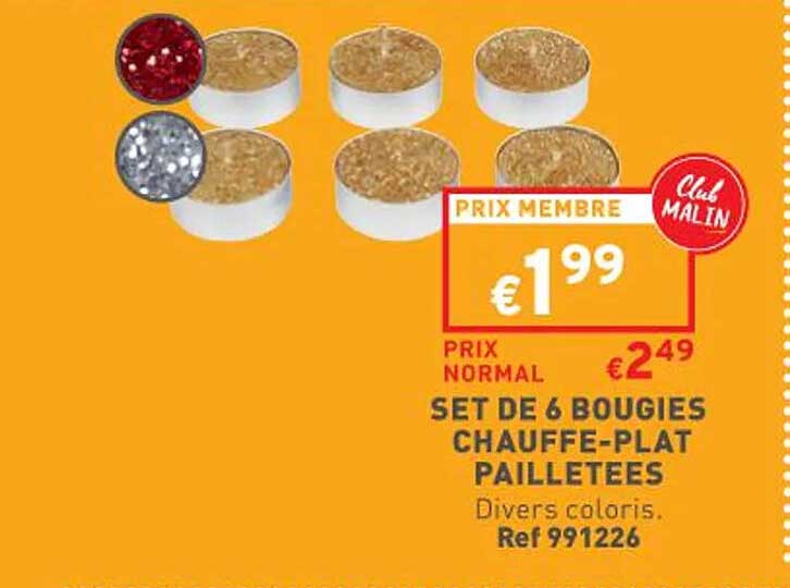 set de 6 bougies chauffe-plat pailletées