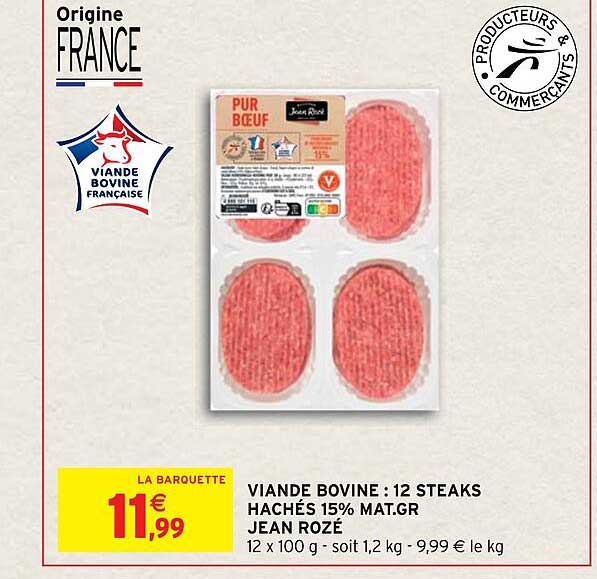 viande bovine : 12 steaks hachés 15% mat.gr jean rozé