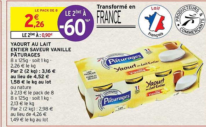 Yaourt Au Lait Entier Saveur Vanille Pâturages