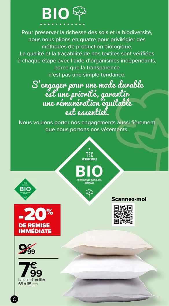 la taie d'oreiller 65 x 65 cm tex bio