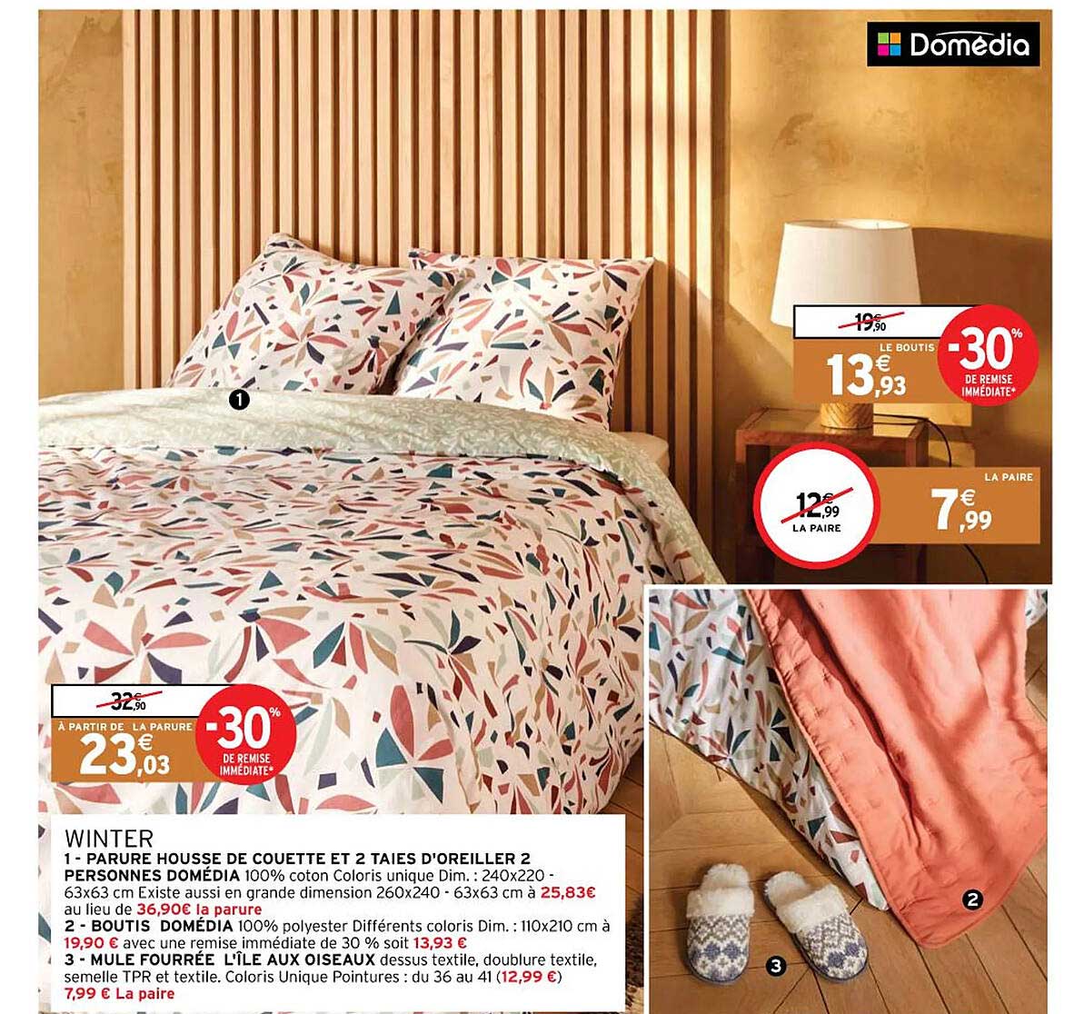 winter : parure housse de couette et 2 taies d'oreiller 2 personnes domédia, boutis domédia, mule fourrée l'île aux oiseaux