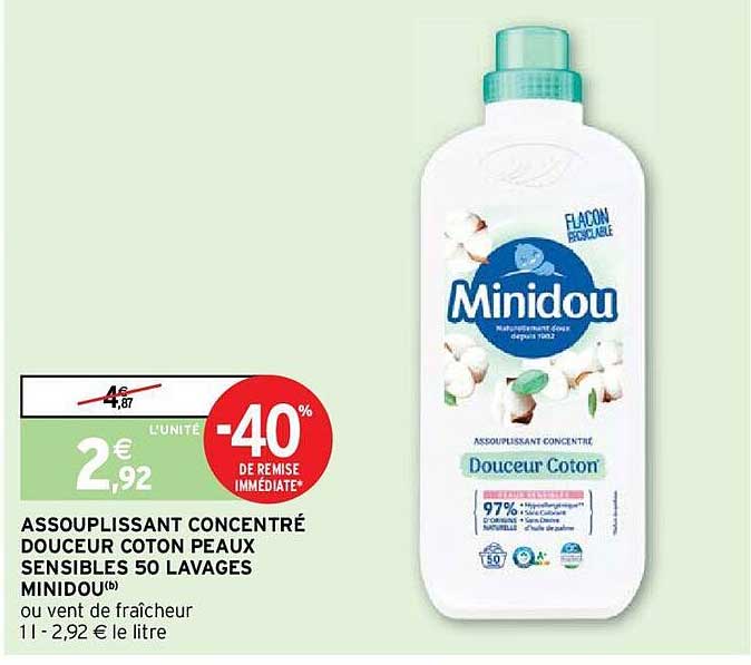 assouplissant concentré douceur coton peaux sensibles 50 lavages minidou