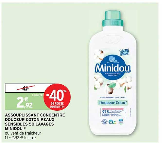 assouplissant concentré douceur coton peaux sensibles 50 lavages minidou