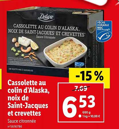 cassolette au colin d'alaska, noix de saint-jacques et crevettes