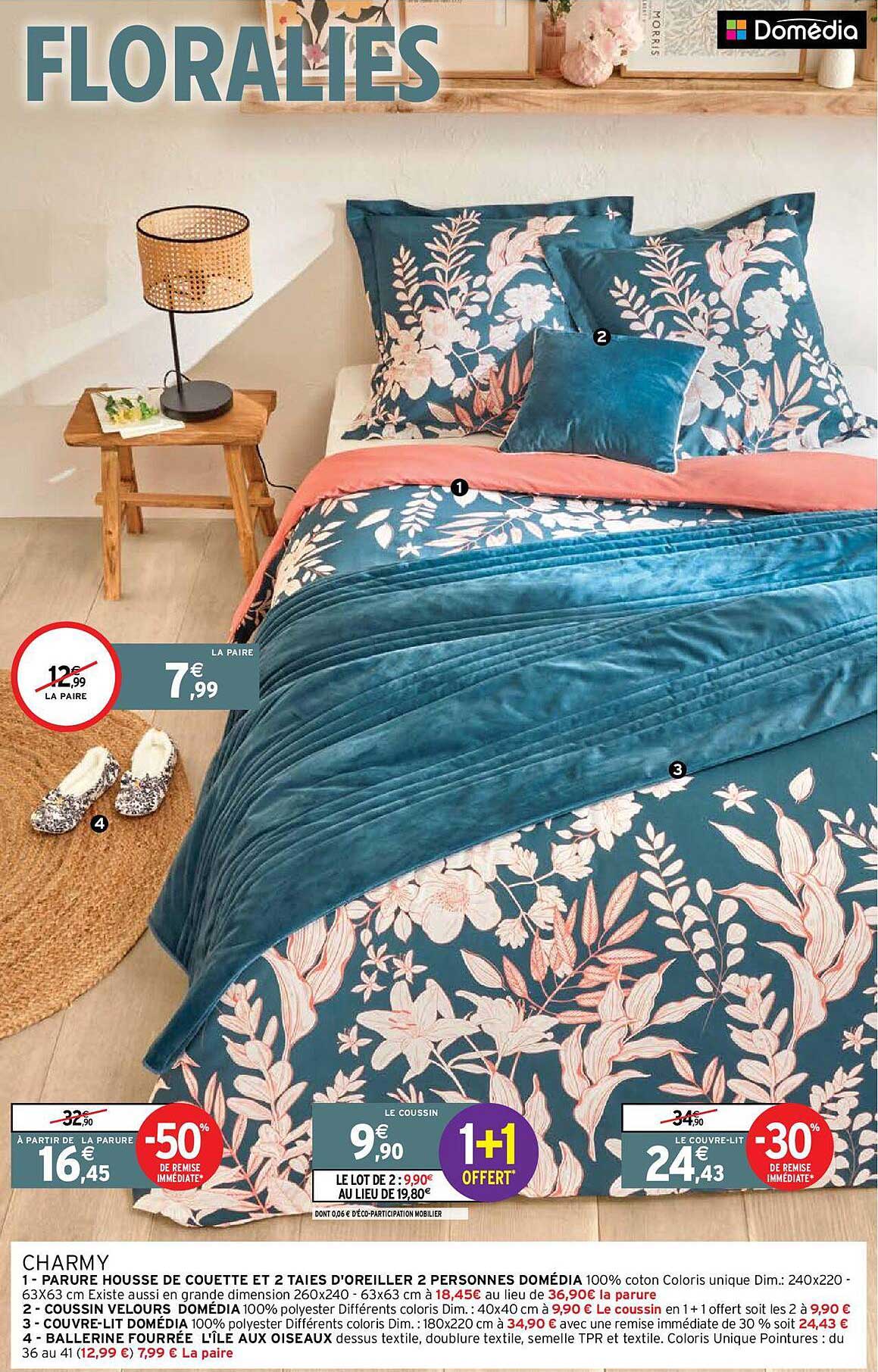 charmy : parure housse de couette et 2 taies d'oreiller 2 personnes domédia, coussin velours domédia, couvre-lit domédia, ballerine fourrée l'île aux oiseaux