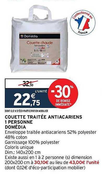 couette traitée antiacariens 1 personne domédia