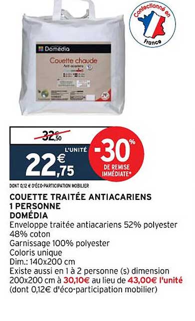 couette traitée antiacariens 1 personne domédia