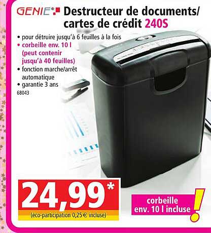 destructeur de documents/cartes de crédit 240s génie