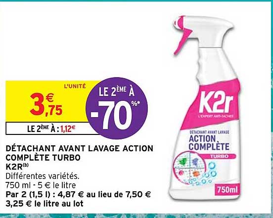 détachant avant lavage action complète turbo k2r