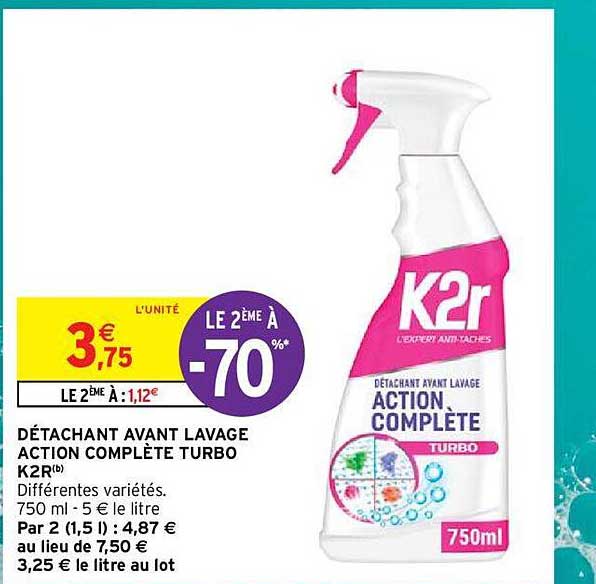 détachant avant lavage action complète turbo k2r