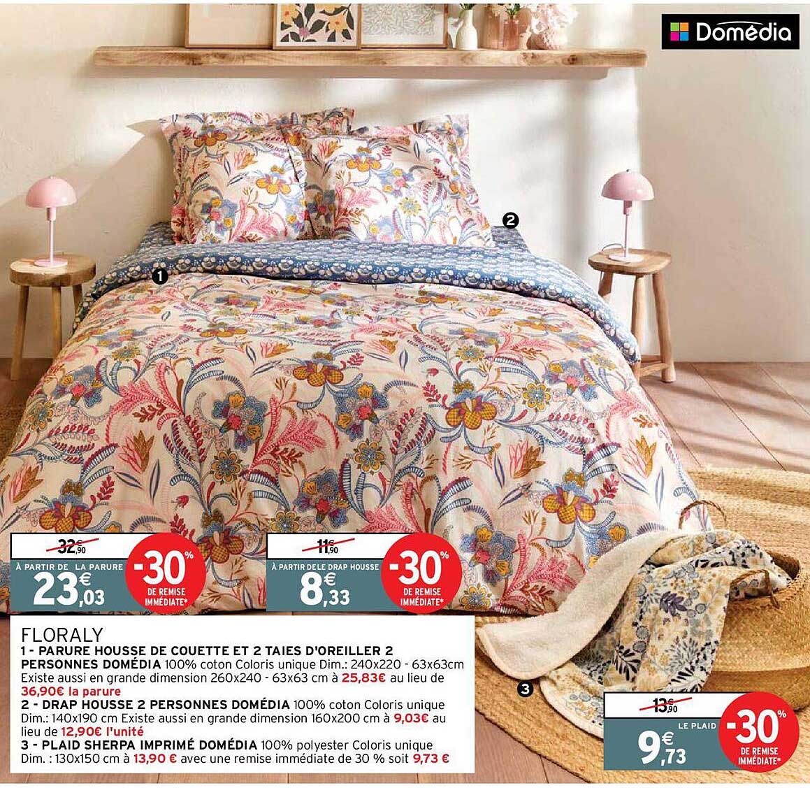 floraly : parure housse de couette et 2 taies d'oreiller 2 personnes domédia, drap housse 2 personnes domédia, plaid sherpa imprimé domédia