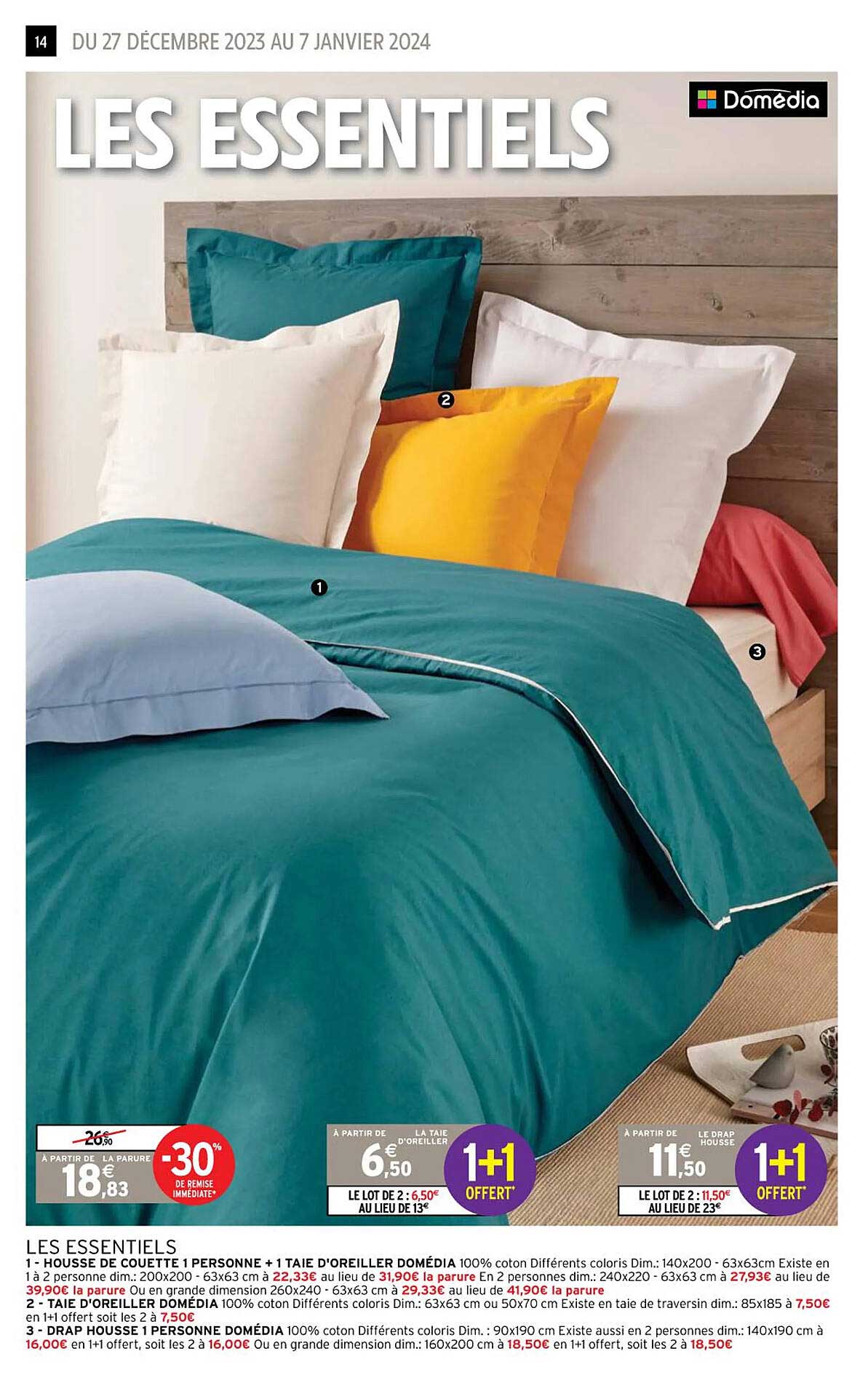 les essentiels : housse de couette 1 personne + 1 taie d'oreiller domédia, taie d'oreiller domédia, drap housse 1 personne domédia