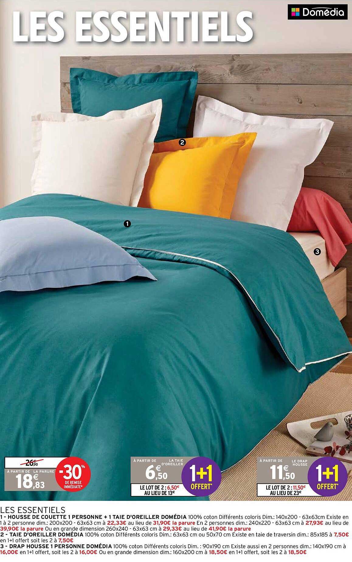 les essentiels : housse de couette 1 personne +taie d'oreiller domédia, taie d'oreiller domédia, drap housse 1 personne domédia