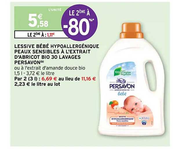 lessive bébé hypoallergénique peaux sensibles à l'extrait d'abricot bio 30 lavages persavon