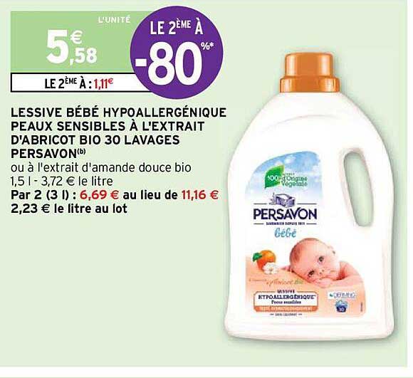 lessive bébé hypoallergénique peaux sensibles à l'extrait d'abricot bio 30 lavages persavon
