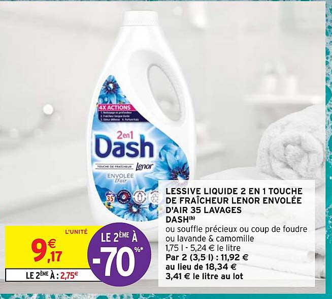 lessive liquide 2 en 1 touche de fraîcheur lenor envolée d'air 35 lavages dash