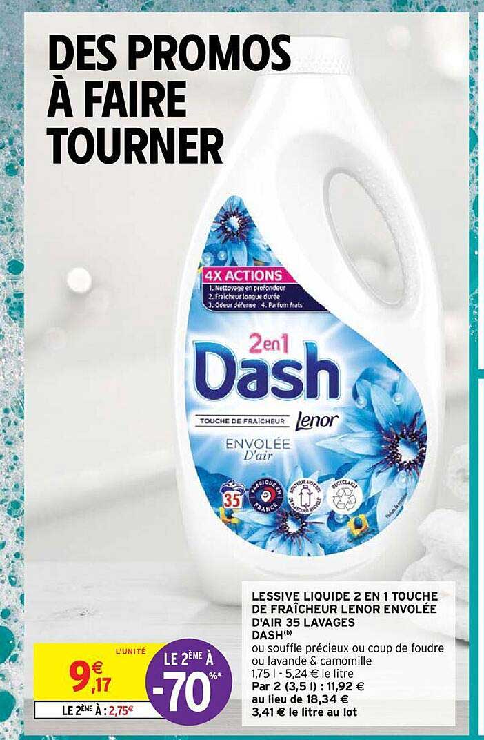 lessive liquide 2 en 1 touche de fraîcheur lenor envolée d'air 35 lavages dash