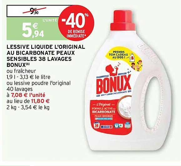 lessive liquide l'original au bicarbonate peaux sensibles 38 lavages bonux