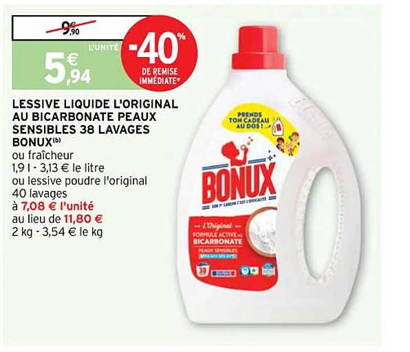 lessive liquide l'original au bicarbonate peaux sensibles 38 lavages bonux