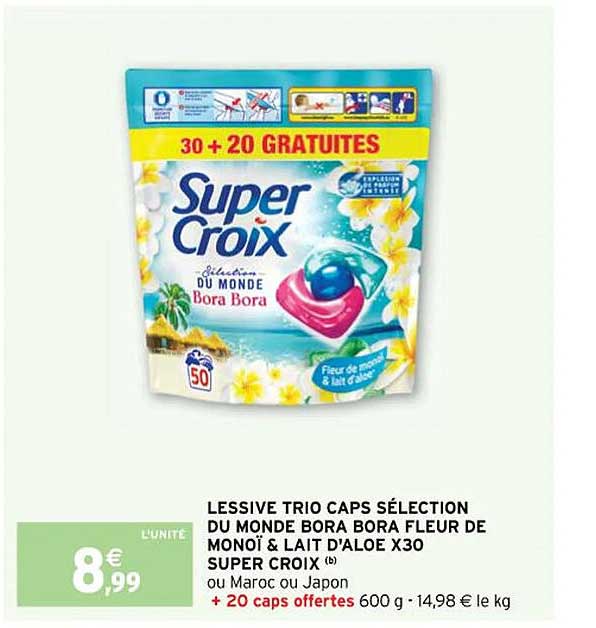 lessive trio caps sélection du monde bora bora fleur de monoï & lait d'aloe x 30 super croix