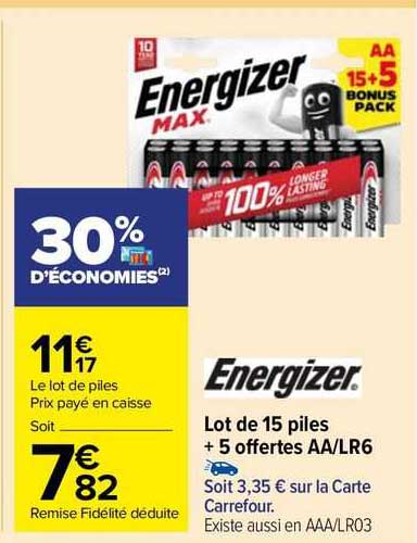 lot de 15 piles + 5 offertes aa/lr6 energizer