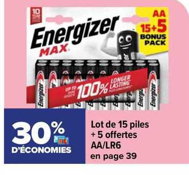 lot de 15 piles + 5 offertes aa/lr6 energizer