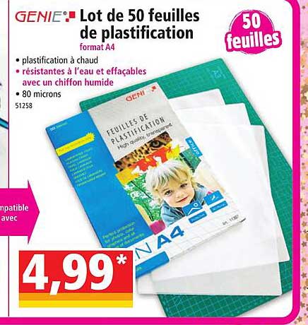 lot de 50 feuilles de plastification forma a4 génie