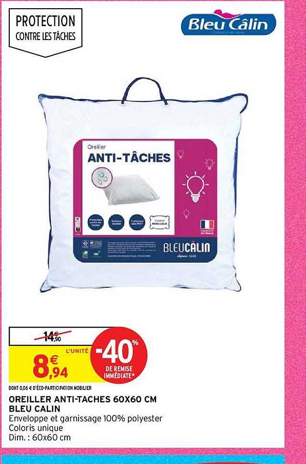 oreiller anti-taches 60 x 60 cm bleu câlin