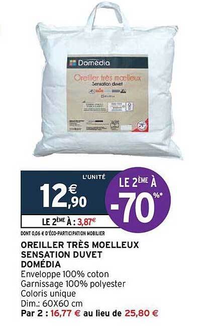 oreiller très moelleux sensation duvet domédia