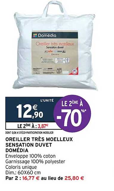 oreiller très moelleux sensation duvet domédia