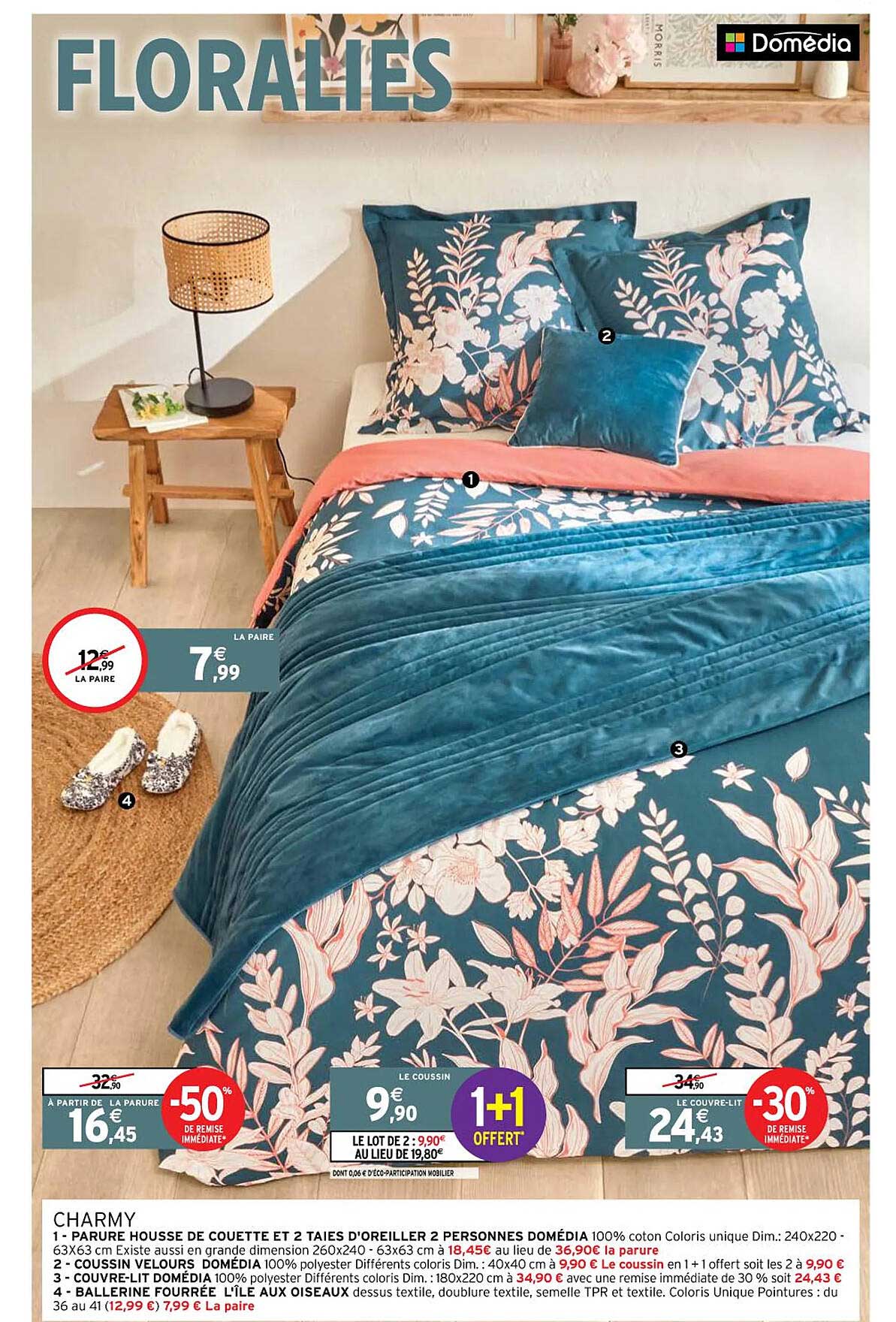 charmy : parure housse de couette et 2 taies d'oreiller 2 personne domédia, coussin velours domédia, couvre-lit charmy domédia, ballerine fourrée l'île aux oiseaux