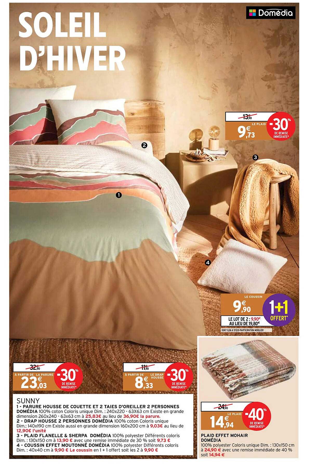 sunny : parure housse de couette et 2 taies d'oreiller 2 personnes domédia, plaid flanelle & sherpa domédia, coussin effet moutonné domédia, plaid effet mohair domédia