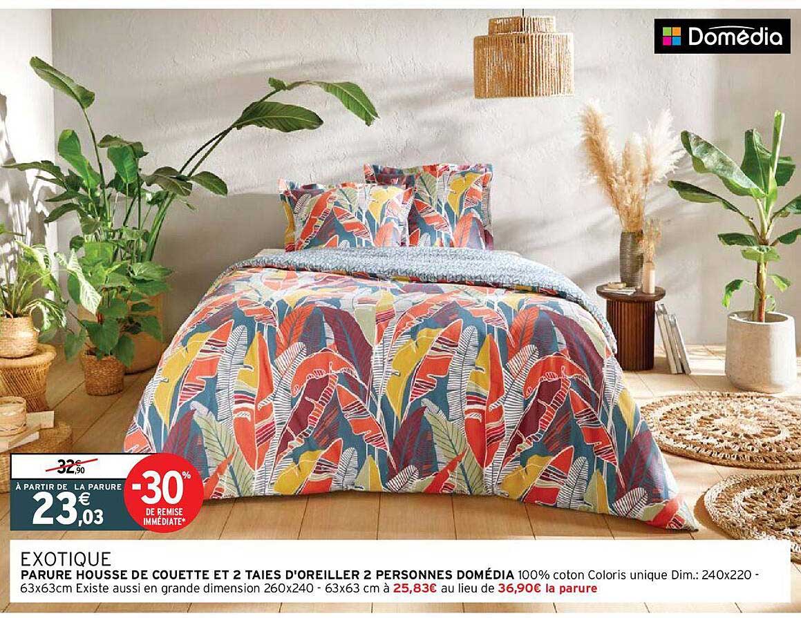 parure housse de couette et 2 taies d'oreiller 2 personnes domédia