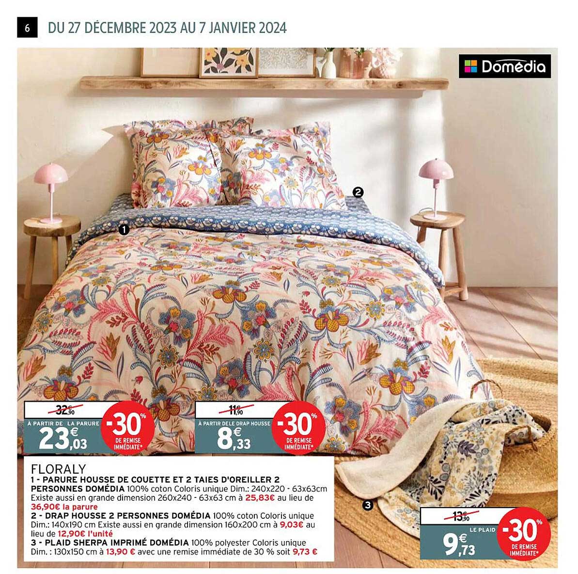 floraly : parure housse de couette et 2 taies d'oreiller 2 personnes domédia, drap housse 2 personnes domédia, plaid sherpa imprimé domédia