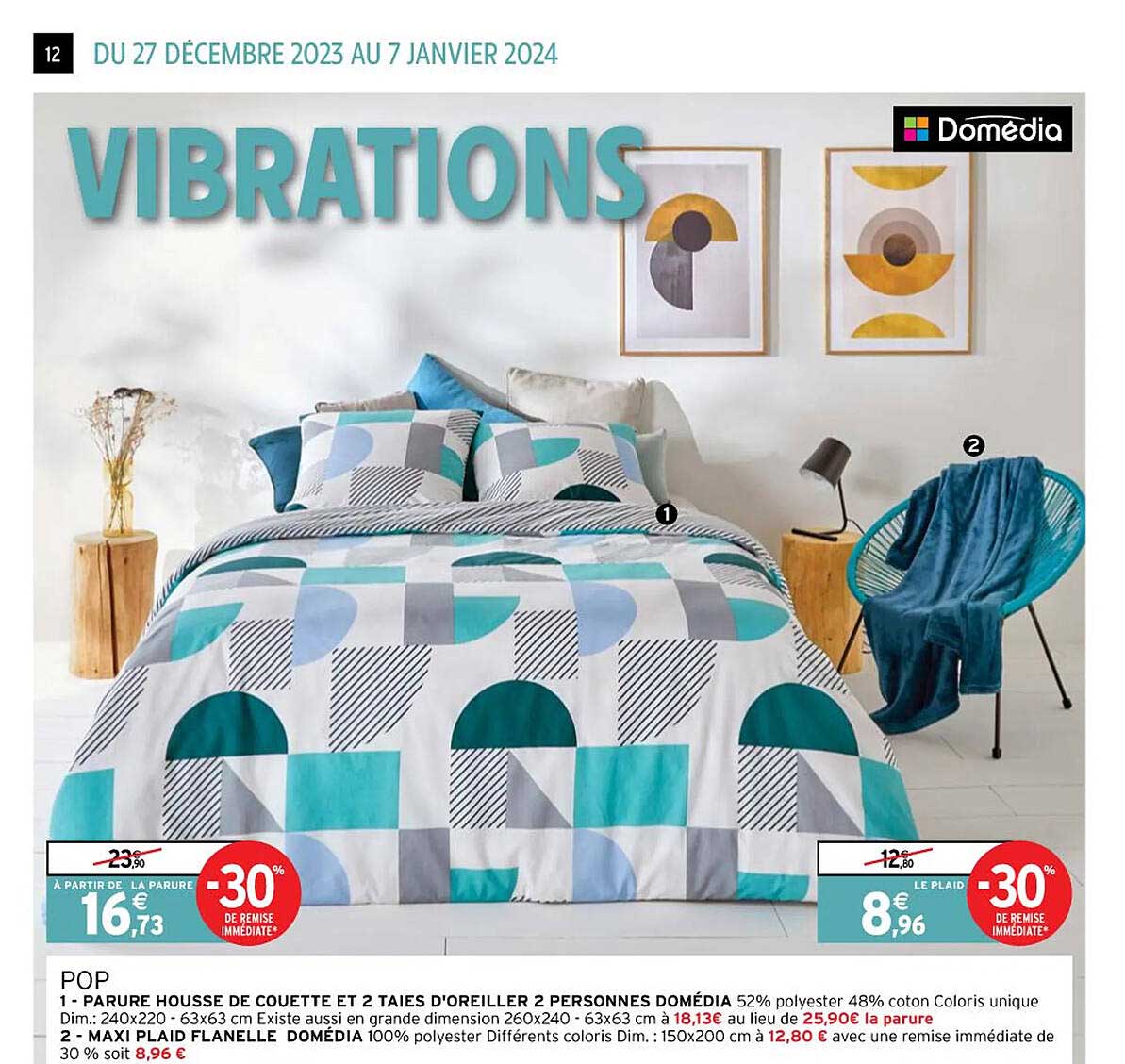 pop : parure housse de couette et 2 aies d'oreiller 2 personnes domédia, maxi plaid flanelle domédia