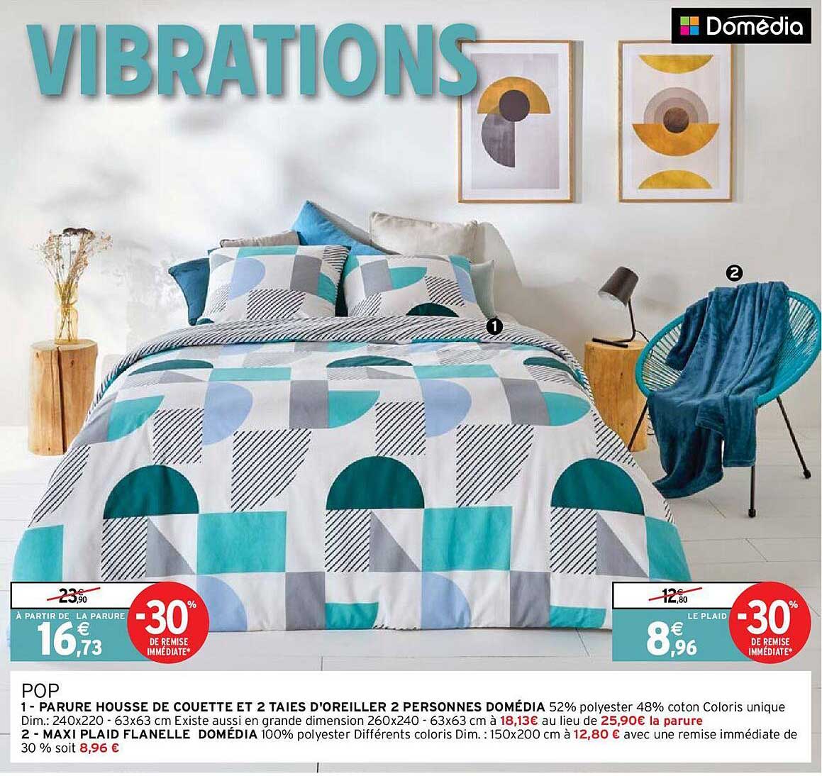 pop : parure housse de couette et 2 taies d'oreiller 2 personnes domédia, maxi plaid flanelle domédia