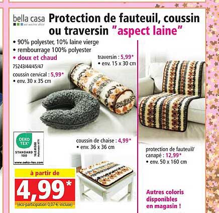 protection de fauteuil, coussin ou traversin "aspect laine" bella casa