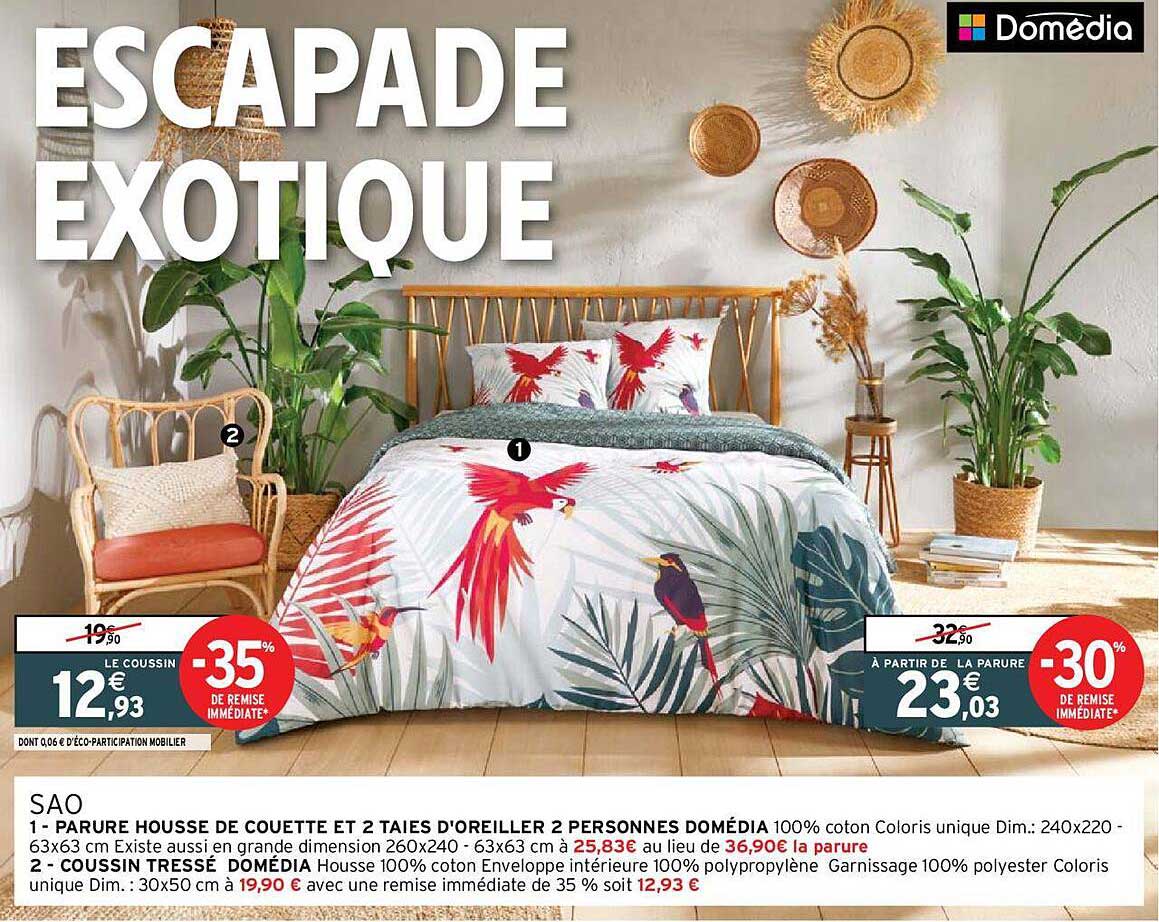 sao : parure housse de couette et 2 taies d'oreiller 2 personnes domédia, coussin tressé domédia