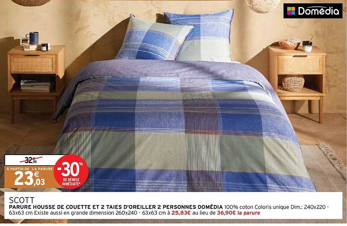scott : parure housse de couette et 2 taies d'oreiller 2 personnes domédia