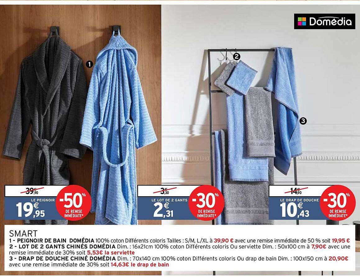 Smart : Peignoir De Bain Domédia, Lot De 2 Gants Chinés Domédia, Drap De Douche Chiné Domédia