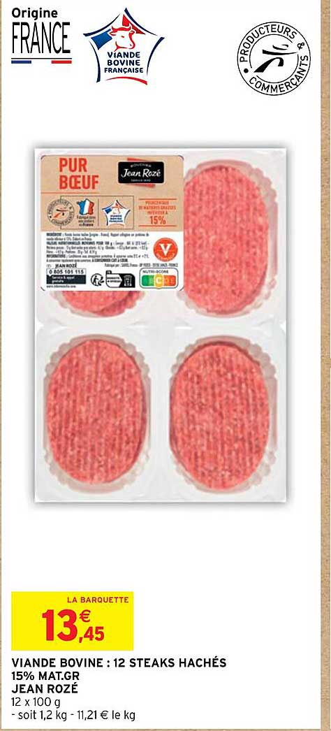 viande bovine : 12 steaks hachés 15% mat.gr. jean rozé